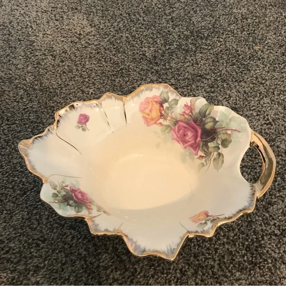 Fine Porcelain Bowl / Candy Dish By JS Gold Trim Pink and Red Roses